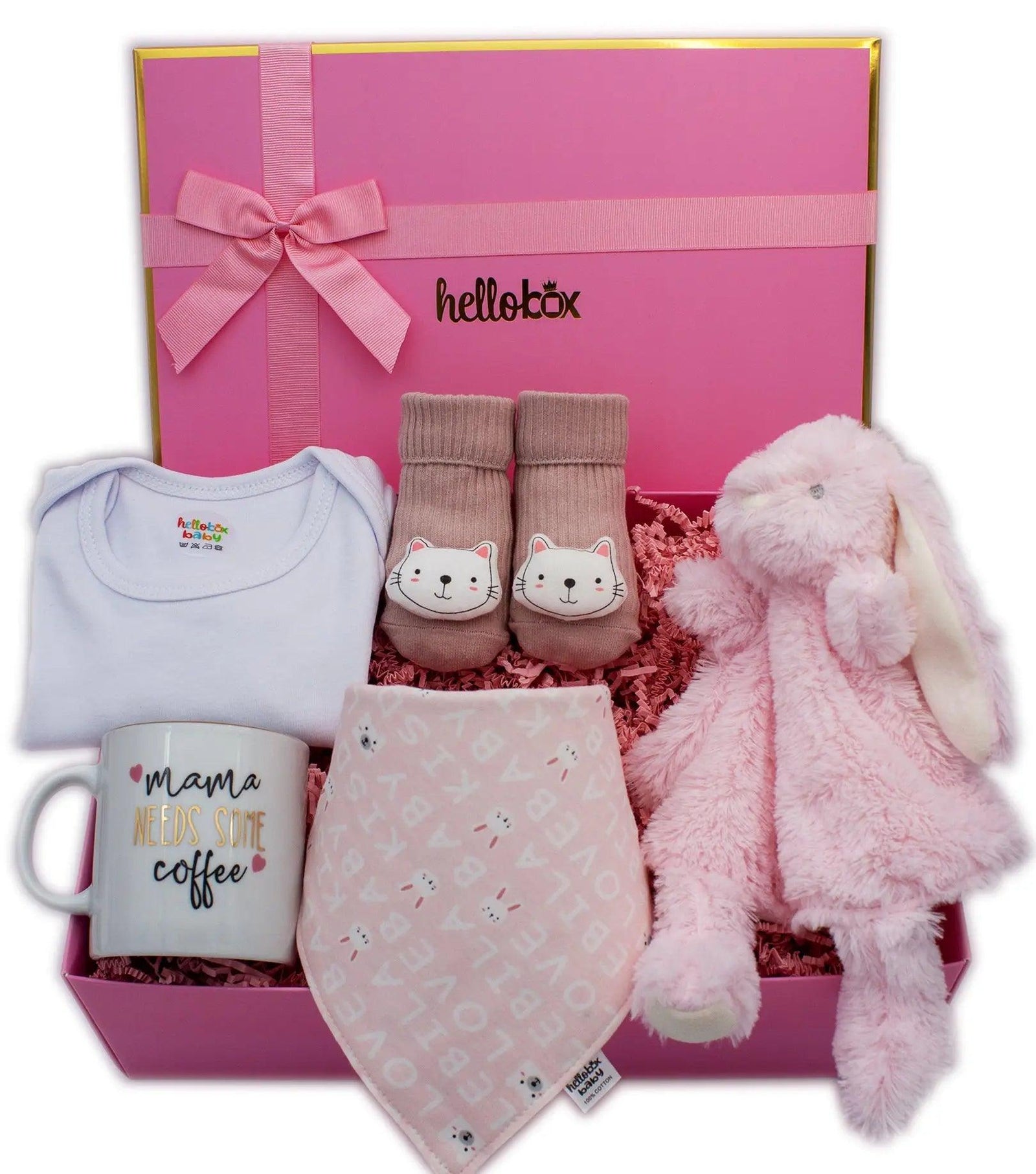 Presentset till nyfödd flicka – Snuttefilt, halksockor, body & mugg till mamma (rosa)-0