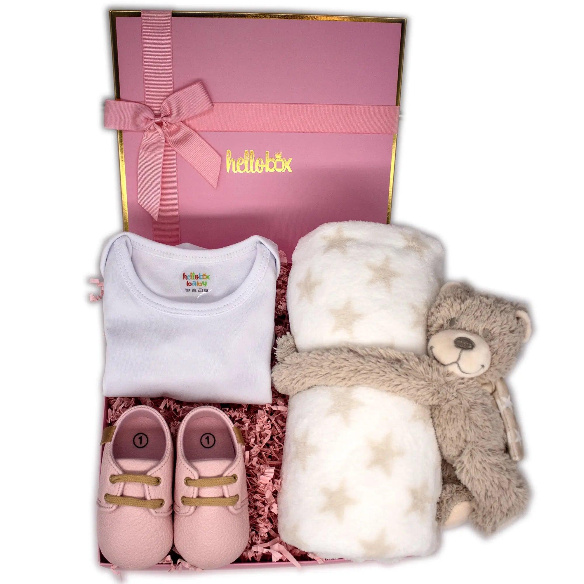 Presentset till nyfödd flicka – Babyfilt, gosedjur & första skor (rosa)-0