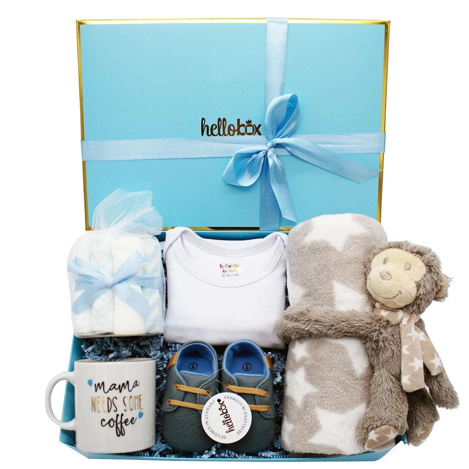 Presentbox till nyfödd – 17-delars set i blått/vitt/grått med babyfilt & gosedjur (pojke)-0