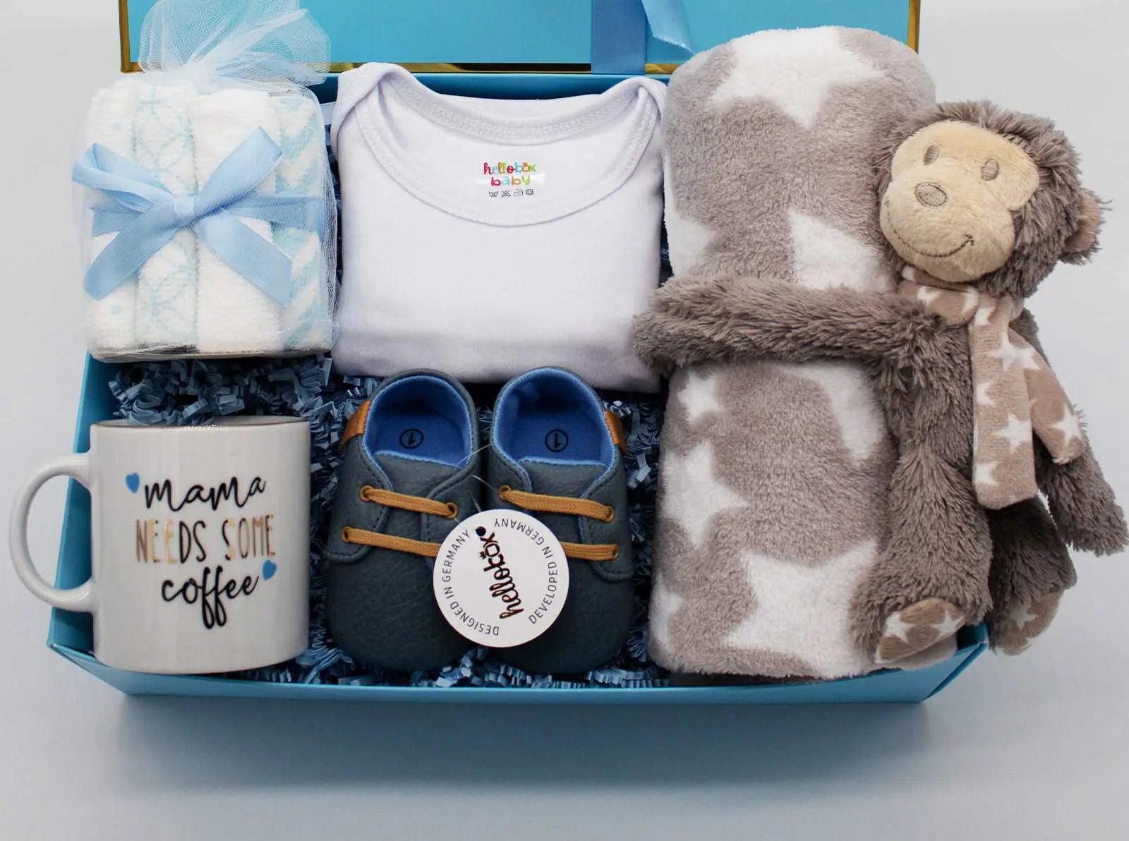 Presentbox till nyfödd – 17-delars set i blått/vitt/grått med babyfilt & gosedjur (pojke)-4