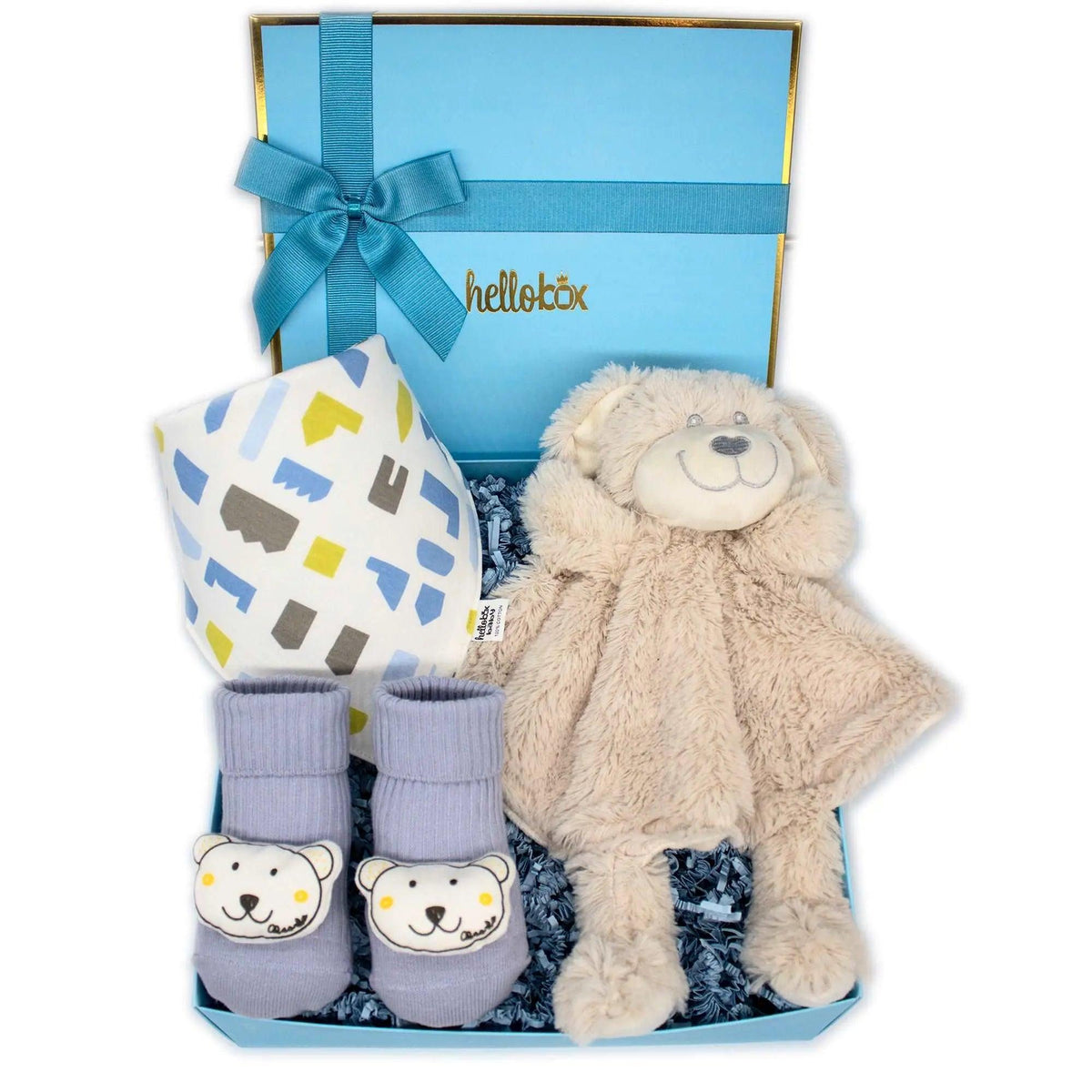 Presentset till nyfödd pojke – Snuttefilt, halksockor &amp; haklapp (blå)-0