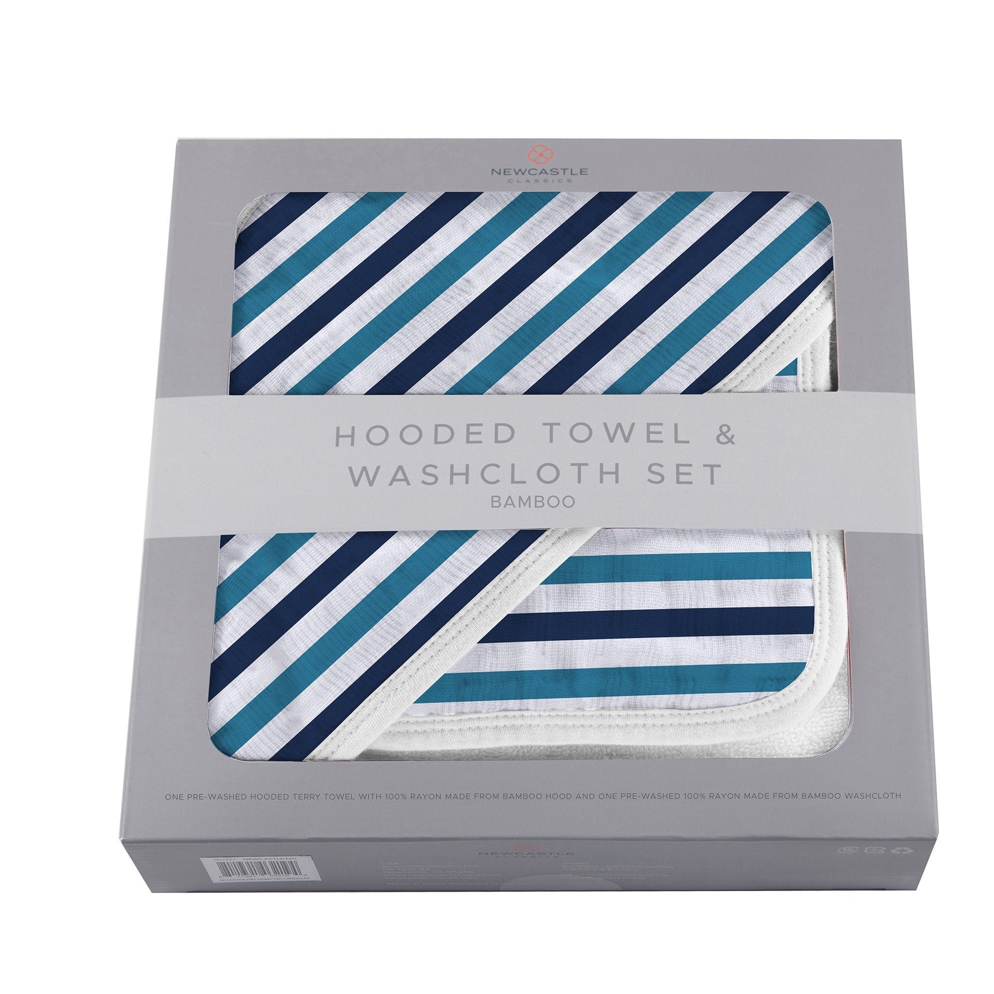 Blue and White Stripe Bamboo Hooded Towel and Washcloth Set-4