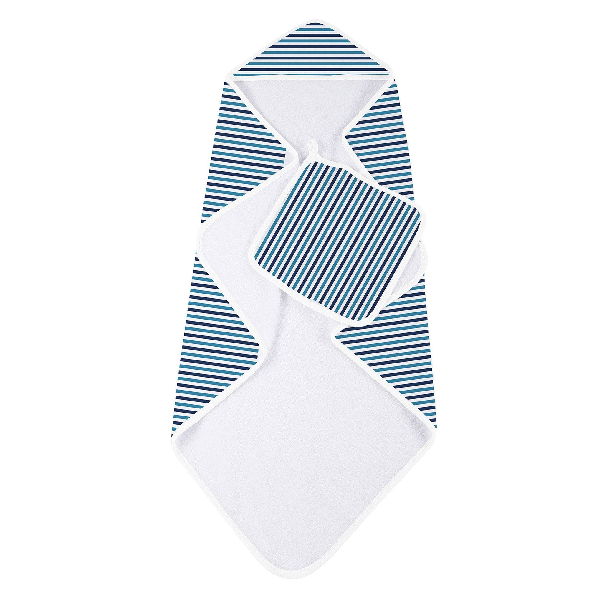 Blue and White Stripe Bamboo Hooded Towel and Washcloth Set-1